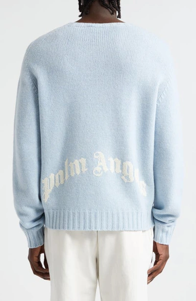 Shop Palm Angels Embroidered Curved Logo Wool Blend Sweater In Light Blue White