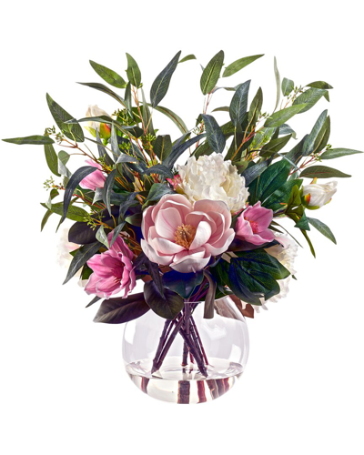 D&w Silks Peonies, Magnolias, And Eucalyptus In Glass Bowl In Pink