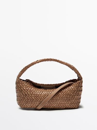 Shop Massimo Dutti Woven Nappa Leather Mini Bag In Beige