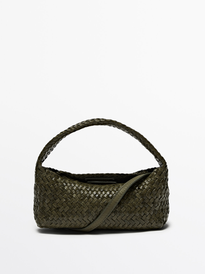 Shop Massimo Dutti Woven Nappa Leather Mini Bag In Khaki