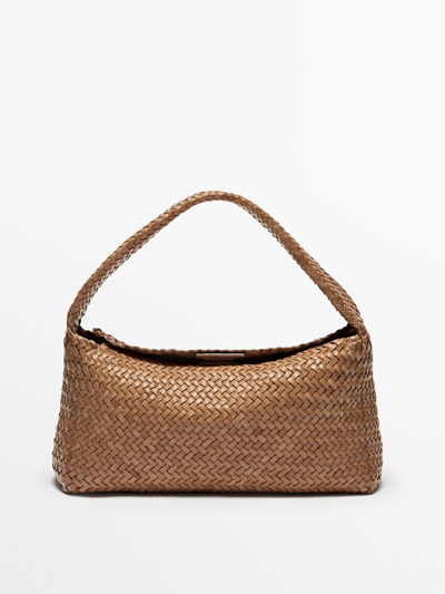 Shop Massimo Dutti Woven Nappa Leather Bag In Beige