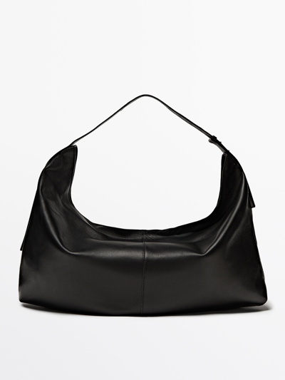 Shop Massimo Dutti Maxi Nappa Leather Half-moon Bag In Black