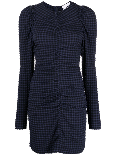 Shop Ganni Checkered Seersucker O-neck Mini Dress - Women's - Polyamide/recycled Polyester/elastane In Blue