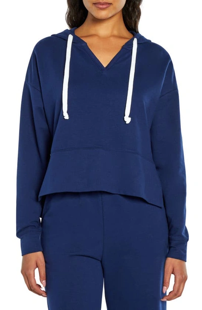 Shop Three Dots Crop French Terry Hoodie In Medieval Blue