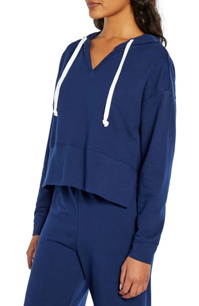 Shop Three Dots Crop French Terry Hoodie In Medieval Blue