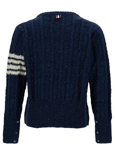 Shop Thom Browne Twist Cable Classic Crew Neck Pullover In Donegal W/ 4 Bar Stripes In Black