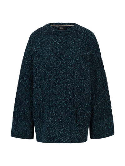 Shop Hugo Boss Women's Wool-blend Sweater With Cable-knit Structure In Dark Blue