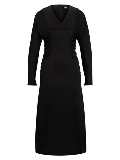 Shop Hugo Boss Women's Gathered-detail Regular-fit Dress In Soft Satin In Black