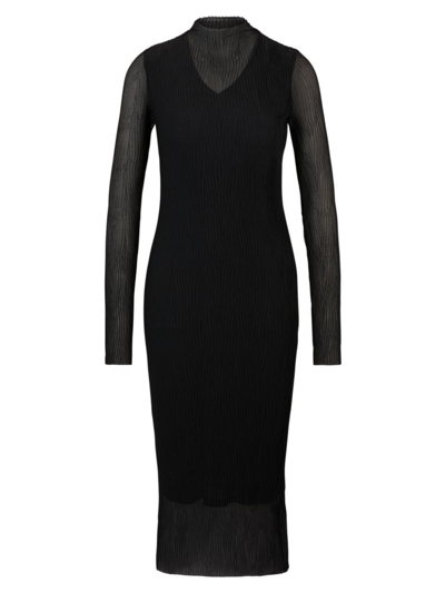 Shop Hugo Boss Women's Lined Dress In Plisse Tulle With Mock Neckline In Black