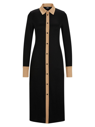 Shop Hugo Boss Women's Long-length Shirt-style Dress In Ribbed Jersey In Black