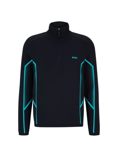 Shop Hugo Boss Men's Zip-neck Regular-fit Sweater In Dark Blue