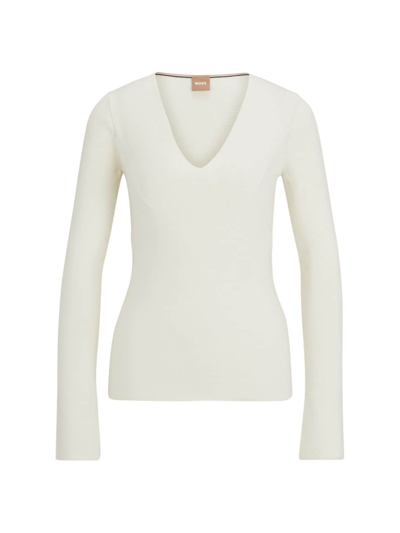 Shop Hugo Boss Women's Knitted Sweater With A Ribbed Structure In Natural