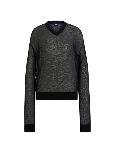 Shop Hugo Boss Women's V-neck Sweater In A Sheer Knit In Black
