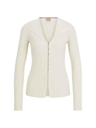 Shop Hugo Boss Women's Ribbed Cardigan In Stretch Fabric With Hook Closures In Natural