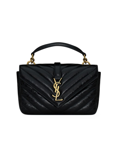 Shop Saint Laurent Women's Mini College Chain Bag In Shiny Crackled Leather In Black