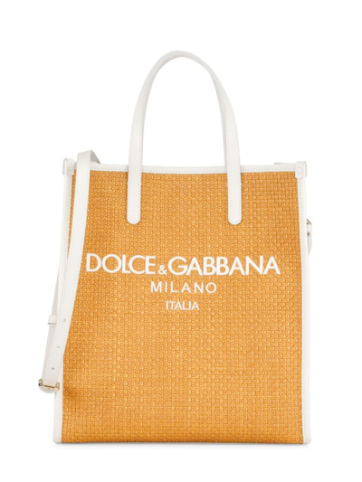 Shop Dolce & Gabbana Women's Large Logo Cotton-ramie Shopping Bag In Miele Latte