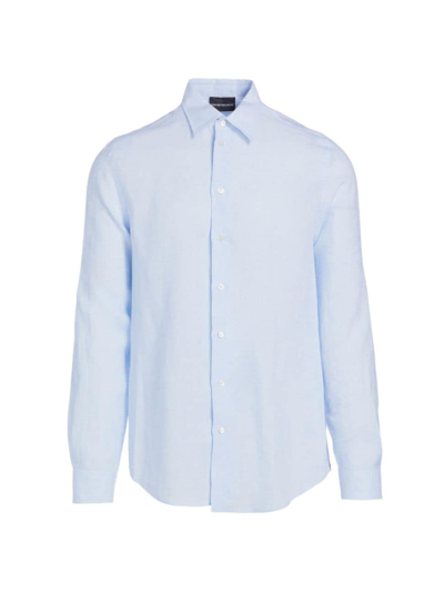 Shop Emporio Armani Men's Linen Long-sleeve Button-up Shirt In Blue