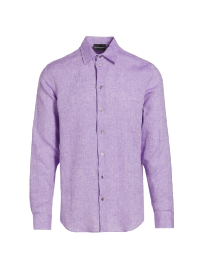 Shop Emporio Armani Men's Linen Long-sleeve Button-up Shirt In Purple
