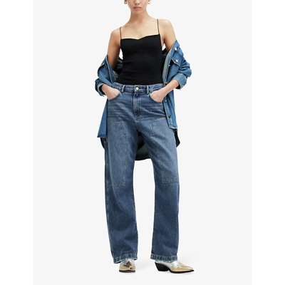 Shop Allsaints Women's Mid Indigo Mia Carpenter Straight-leg Mid-rise Denim Jeans