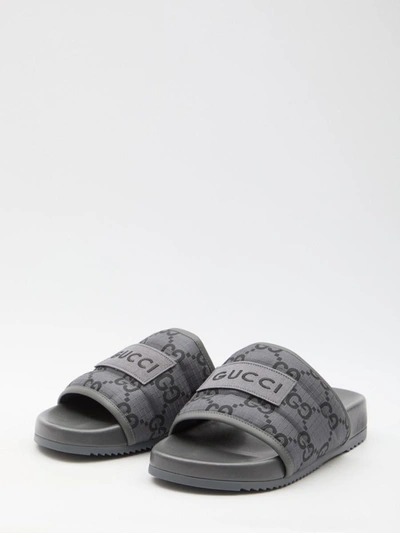 Shop Gucci Slider Sandals With Gg Motif In Grey