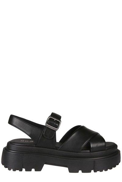 Shop Hogan Open Toe Buckled Sandals In Black