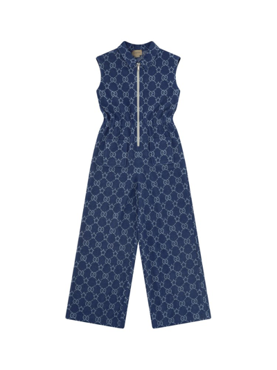 Shop Gucci Kids Gg Supreme Jacquard Sleeveless Jumpsuit In Blue