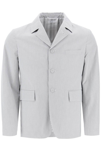 Shop Thom Browne Single Breasted Striped Deconstructed Jacket In Grey