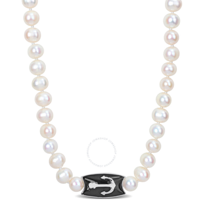 Shop Amour 7-7.5mm Cultured Freshwater Pearl Men's Necklace With Large Lobster Clasp In Sterling Silver In White