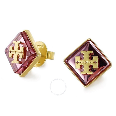 Shop Tory Burch Resin Logo Stud Earrings In Rolled Gold / Pink