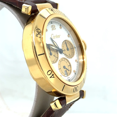 Shop Cartier Pasha De  Chronograph Diamond Mother Of Pearl Dial Ladies Watch Wj130009 In Gold / Gold Tone / Mop / Mother Of Pearl / White / Yellow