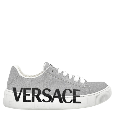 Shop Young Versace Girls Silver/black Logo Print Low-top Sneakers