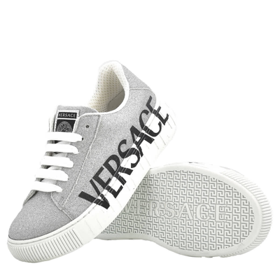 Shop Young Versace Girls Silver/black Logo Print Low-top Sneakers