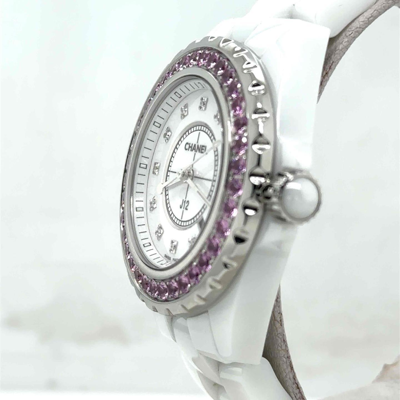 Pre-owned Chanel J12 Diamonds Quartz White Dial Ladies Watch H2010 In Pink / White