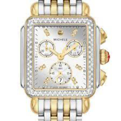 Shop Michele Deco Chronograph Quartz Diamond Silver Dial Ladies Watch Mww06a000805 In Two Tone  / Gold Tone / Silver / Yellow