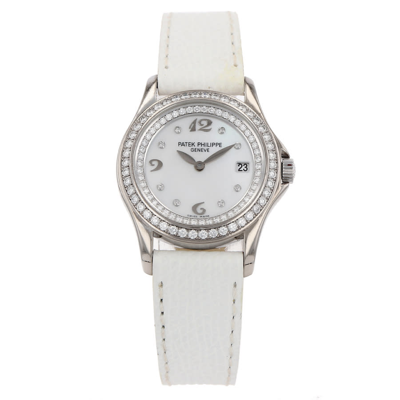 Shop Patek Philippe Calatrava Quartz Diamond Ladies Watch 4906/200 In Gold / Gold Tone / Mop / Mother Of Pearl / White