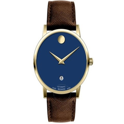 Shop Movado Museum Classic Automatic Blue Dial Men's Watch 0607806 In Blue / Brown / Gold Tone / Yellow