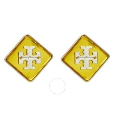 Shop Tory Burch Resin Logo Stud Earrings In Tory Silver / Yellow