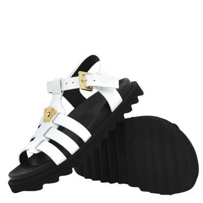 Shop Young Versace Girls Leather Medusa Sandals In Bianco-oro Versace