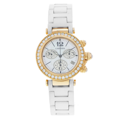 Shop Cartier Pasha Seatimer Chronograph Diamond Mother Of Pearl Dial Ladies Watch Wj130004 In Gold / Ink / Mop / Mother Of Pearl / Pink / Rose / Rose Gold / White