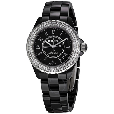 Pre-owned Chanel J12 Black Diamond Black Dial Unisex Watch H0950 In Black / White