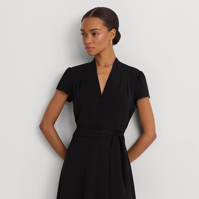 Shop Lauren Petite Belted Georgette Short-sleeve Dress In Black