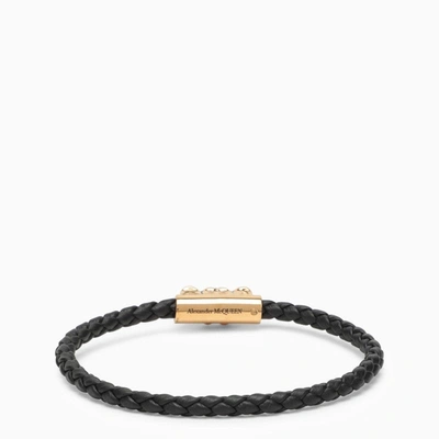 Shop Alexander Mcqueen Seal Black/gold Leather Logo Bracelet Men