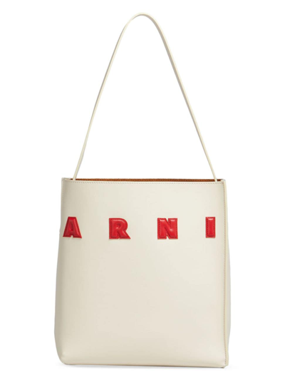Shop Marni Women's Museo Logo Small Leather Hobo Bag In Ivory