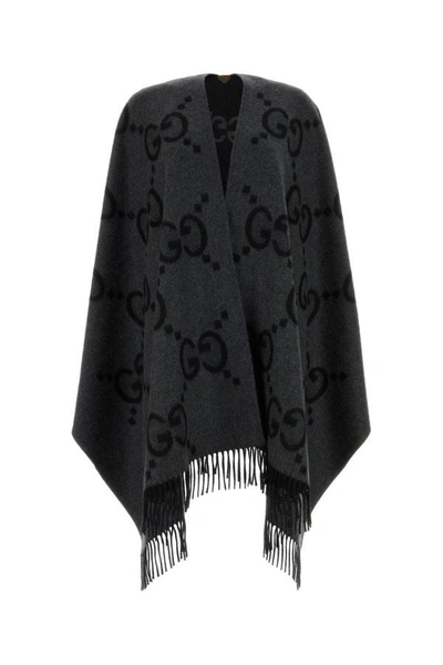 Shop Gucci Woman Embroidered Cashmere Reversible Cape In Gray