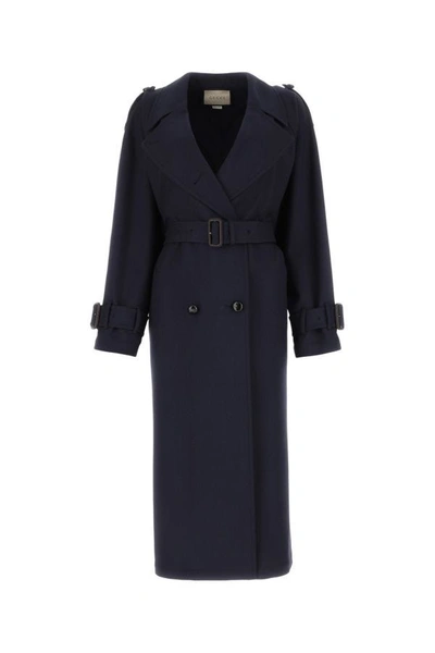 Shop Gucci Woman Navy Blue Wool Trench Coat