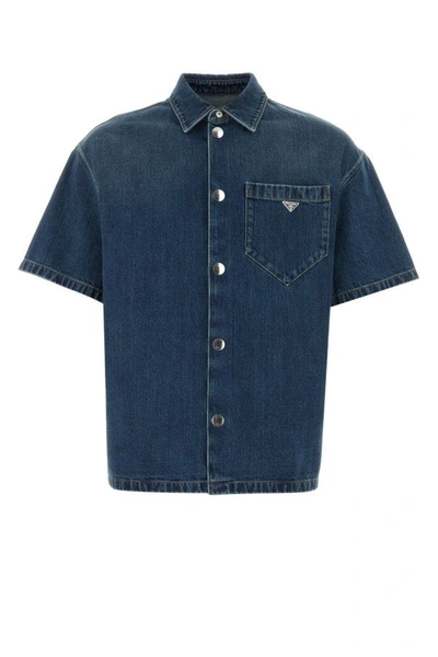 Shop Prada Man Denim Shirt In Blue