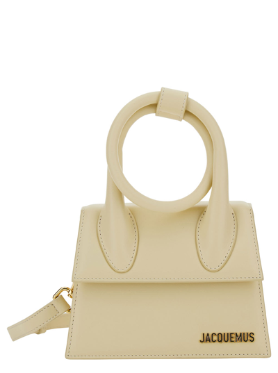 Shop Jacquemus Le Chiquito Noeud Ivory Crossbody Bag With Logo In Leather Woman In White