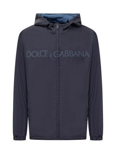 Shop Dolce & Gabbana Reversible Jacket With Dolce&gabbana Logo In Blu Scuro