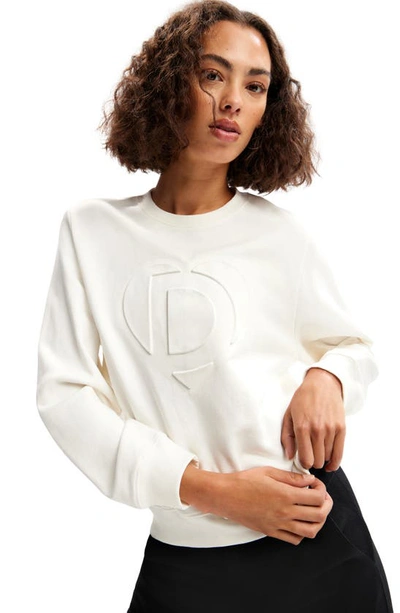 Shop Desigual Travis Logo Cotton Crewneck Sweatshirt In White