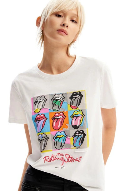 Shop Desigual Rolling Stones Cotton Graphic T-shirt In White